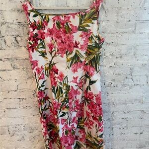 Floral Pink and White Midi Dress with Green Leaf Print